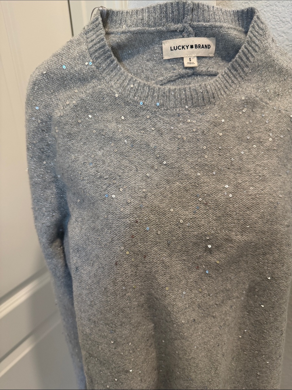 Lucky Brand Light Gray Sequin Crewneck Sweater
